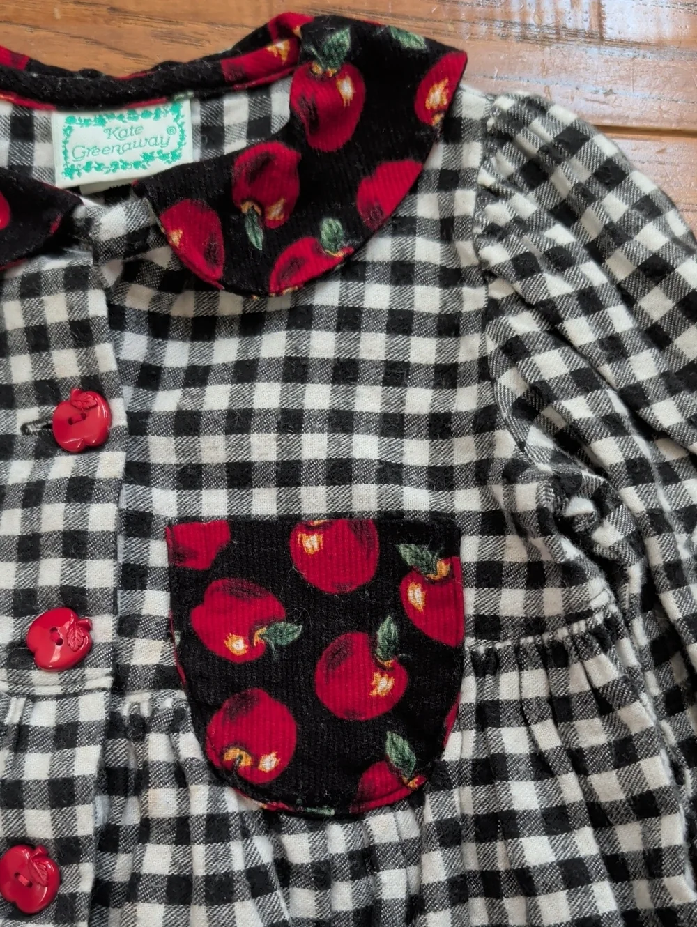 Kate Greenaway Vintage Flannel Black White Gingham Dress with Red Cherry Accents